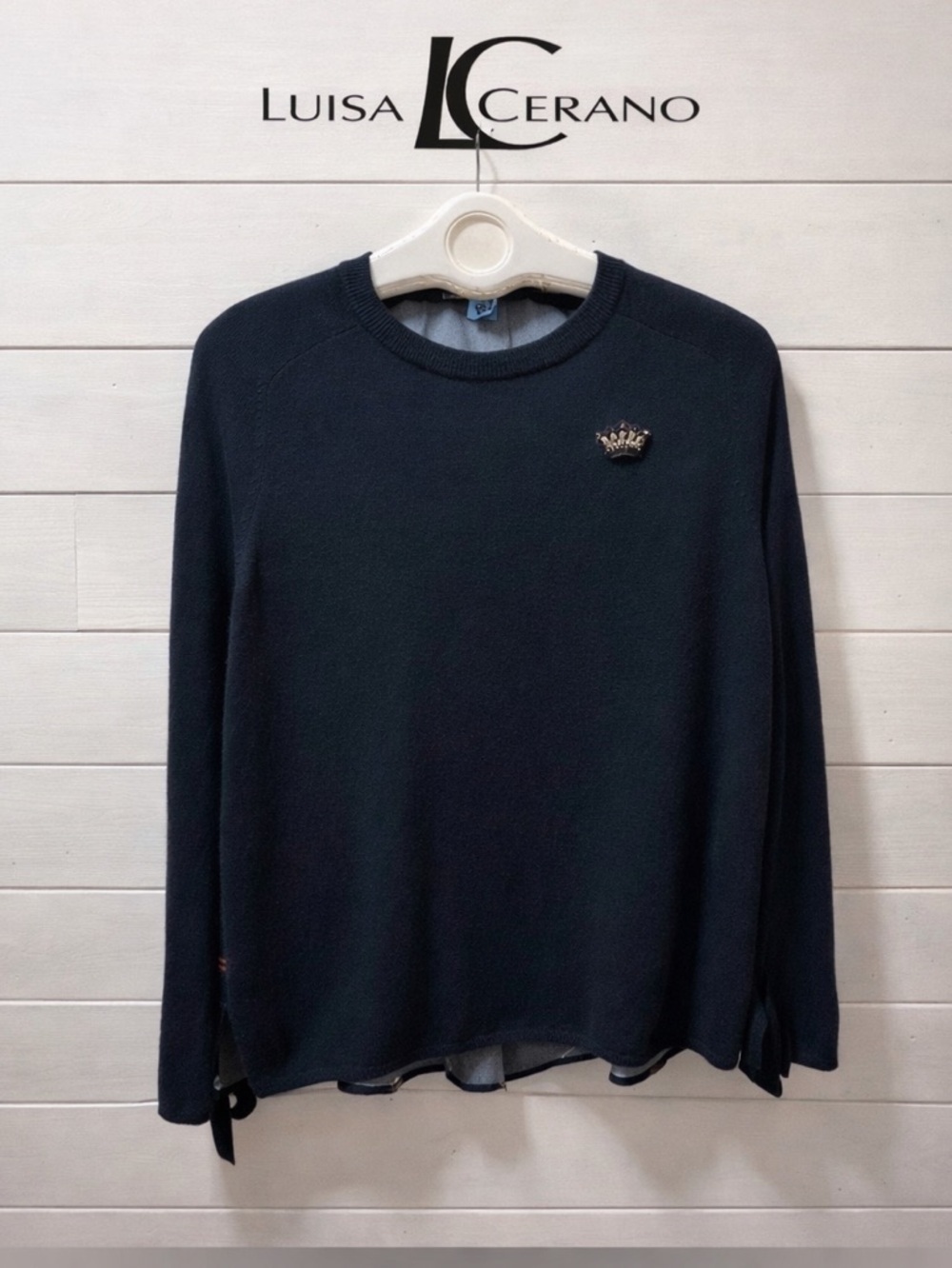 LUISA CERANO – Navy Wool-Silk-Cashmere Sweater with Embroidered Back (US 10)